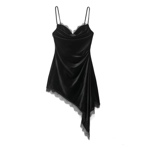 Women Sexy Velvet Lace Patchwork Slip Dress Asymmetrical Hem V Neck Ruched Midi Bodycon Dress Elegant Evening Party Gown