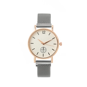 Rose gold minimalist watch with beige dial and dark grey mesh magnetic strap