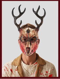 Detailed view of realistic deer antler skull mask with bloody splatter for Halloween COS