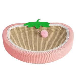 Pink strawberry-shaped sisal cat scratching board bed with dangling plush ball toy