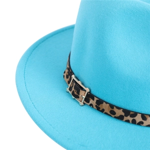 Chapeau fedora bleu roi en laine avec ruban léopard et boucle dorée pour femmes et hommes