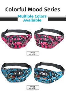 Detailed views of camouflage waist bag showing pink and blue graffiti prints and buckles