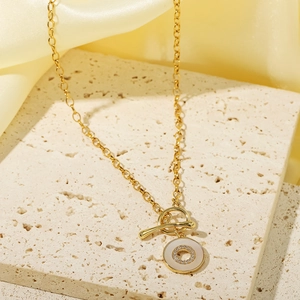 Stainless Steel Necklace 18K Gold Plated OT Toggle Clasp White Enamel Double Circle Pendant Cubic Zirconia Luxury Women