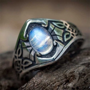 Vintage oval moonstone ring in aged silver finish with Celtic knot engravings