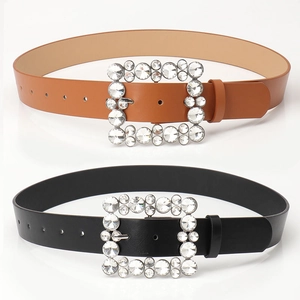 Modern women's leather belts in black and brown with sparkling rhinestone alloy buckles