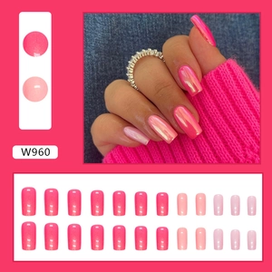 Long pink aurora press-on nails set with metallic pearlescent finish 24pcs W960