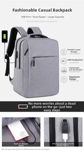 Detail of multi-functional laptop backpack with external USB charging port and dual layers