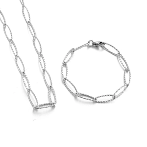 Glistening silver stainless steel jewelry set featuring oval link chain necklace and bracelet