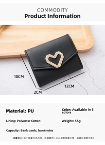 Detailed specs of short black PU wallet with golden heart buckle and multi-card slots