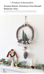 Close-up of Nordic Christmas wreath with pine cones and miniature tree on natural rattan base