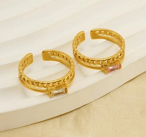 Detail of adjustable 18K gold-plated double-layer ring with rectangular zircon stones