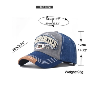 Size chart for washed denim baseball hat with San Francisco embroidery and bear patch