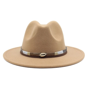 Macro view of wool fedora hat featuring a woven leather band with shell metal buckle