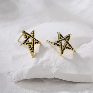 Elegant 18K gold plated star stud earrings featuring micro-set black zircon stones
