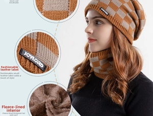 Detail of checkered knit hat set showing thick faux fur lining for winter warmth
