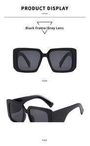Detailed front and side views of oversized Y2K black square sunglasses with gray lenses