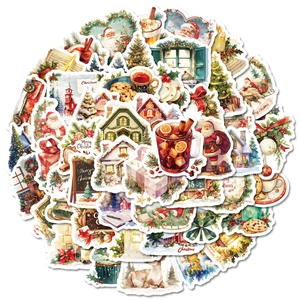 Detailed view of hand-drawn Christmas stickers featuring Santa, reindeer and trees