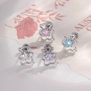 Hollow Bear Ear Bone Stud Star Zircon Titanium Steel Piercing Jewelry Minimalist Small Simple Body Ornament For Women