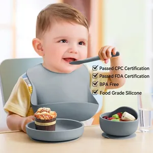 Baby Silicone Feeding Tableware Adjustable Bib Suction Plate Bowl Straw Cup Fork Spoon BPA Free Food Grade Soft Training