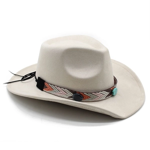 Detail of ivory faux suede fedora featuring woven ethnic band with turquoise stones