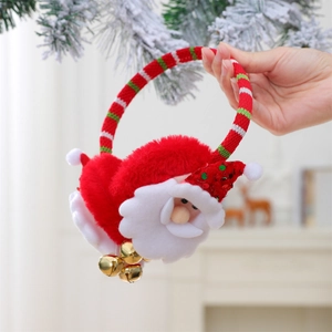 Plush Christmas earmuffs with Santa doll and golden bells for holiday festive party wear