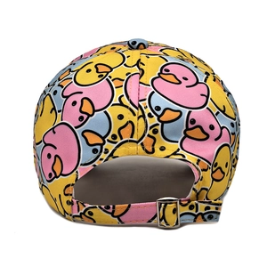 Rear view of yellow cartoon duck baseball cap showing adjustable metal buckle strap