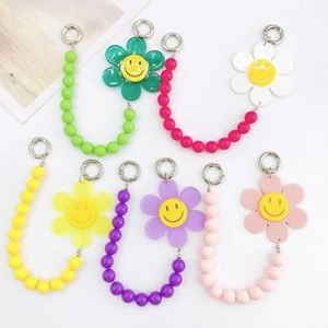 Colorful acrylic smiley flower beaded phone straps with silver metal rings in various colors