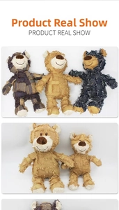 Close-up of textured fabric teddy bear toys showing detailed stitching and patterns