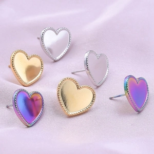 304 stainless steel heart stud earring set in gold, silver, and rainbow metallic finishes