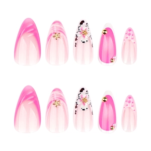 Faux ongles 3D roses avec motifs floraux et léopard, lot de 10 avec charmes d'étoiles dorées
