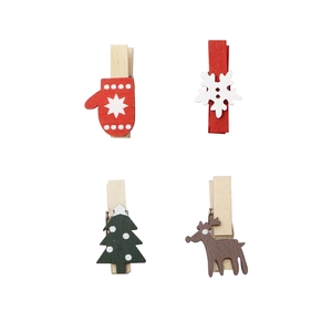 Christmas wooden clips set featuring reindeer, tree, glove, and snowflake designs