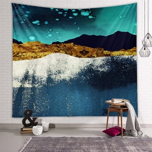 Detailed close-up of mountain landscape wall tapestry in abstract green and gold hues