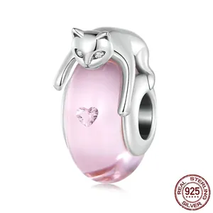 Pink Glass Cat Charm 925 Sterling Silver Heart Bead For Bracelet Making Cute Animal Jewelry Accessory