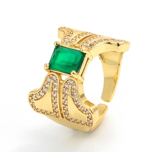 Adjustable gold ring with square green gemstone and micro-paved zircons on white background