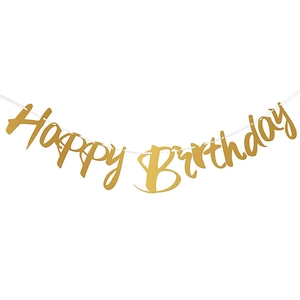 Golden Happy Birthday banner decoration with glitter letters and white hanging ribbon