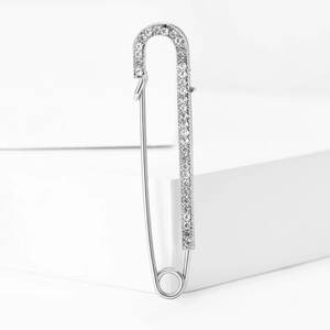 Classic silver alloy oversized safety pin brooch with sparkling clear crystals