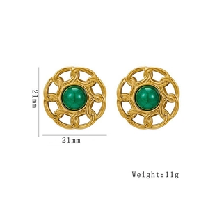 Vintage gold-plated stainless steel stud earrings with 21mm green stones and rope detail