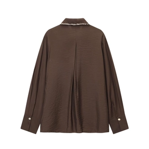 Brown long sleeve satin shirt with crystal trim on collar and pleated back detail