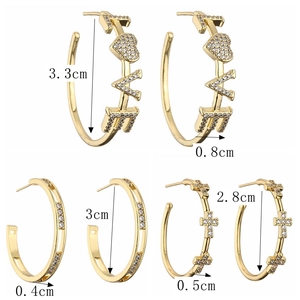 Detailed size specifications for three gold hoop earrings with rhinestones and LOVE charms