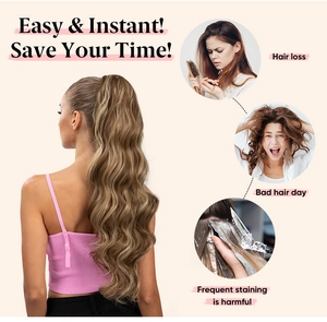 Detail of water wave ponytail extension showing easy application for bad hair days