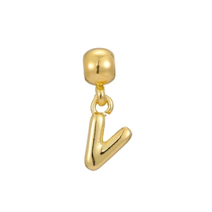 Macro detail of 18k gold plated bubble letter V pendant with polished finish