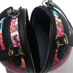 Graffiti spherical basketball bag with gold zippers and black litchi pattern leather