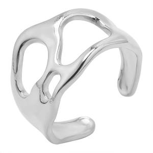 Detailed macro view of irregular hollow design and polished adjustable silver ring