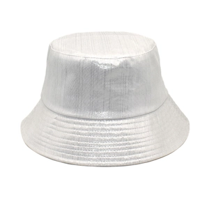 Detailed close-up of a silver metallic bucket hat with vertical woven texture and reflective finish