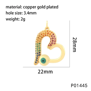 Gold plated copper heart shaped evil eye pendant with colorful zircon and size specs