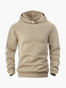 Detaillierte Nahaufnahme der Khaki-Jacquard-Strickstruktur des Herren-Kapuzenpullovers