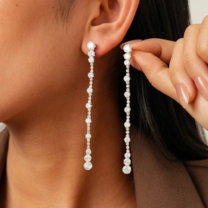 Elegant geometric round zircon tassel drop earrings with sparkling silver needles for women