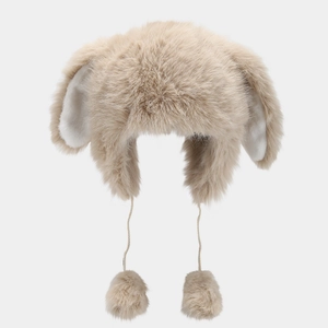 Cute Rabbit Ear Trapper Hat Faux Fur Plush Warm Winter Ear Protection Cap With Pom Poms For Women Solid Color Sweet