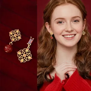Asymmetrical Flower Drop Earrings With Zircon Hollow Pattern Red Beads Chinese Vintage Style With Silver Earring Post
