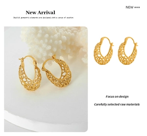 Detailed macro view of irregular hollow gold hoop earrings with textured geometric mesh